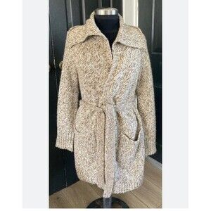 TALBOTS Wool Blend Open Wrap Coatigan Cardigan/Sweater size L Heathered Tan